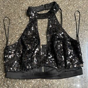 Vintage Wet Seal Black Sequin Halter Crop Top Size M Party Club Bachelorette